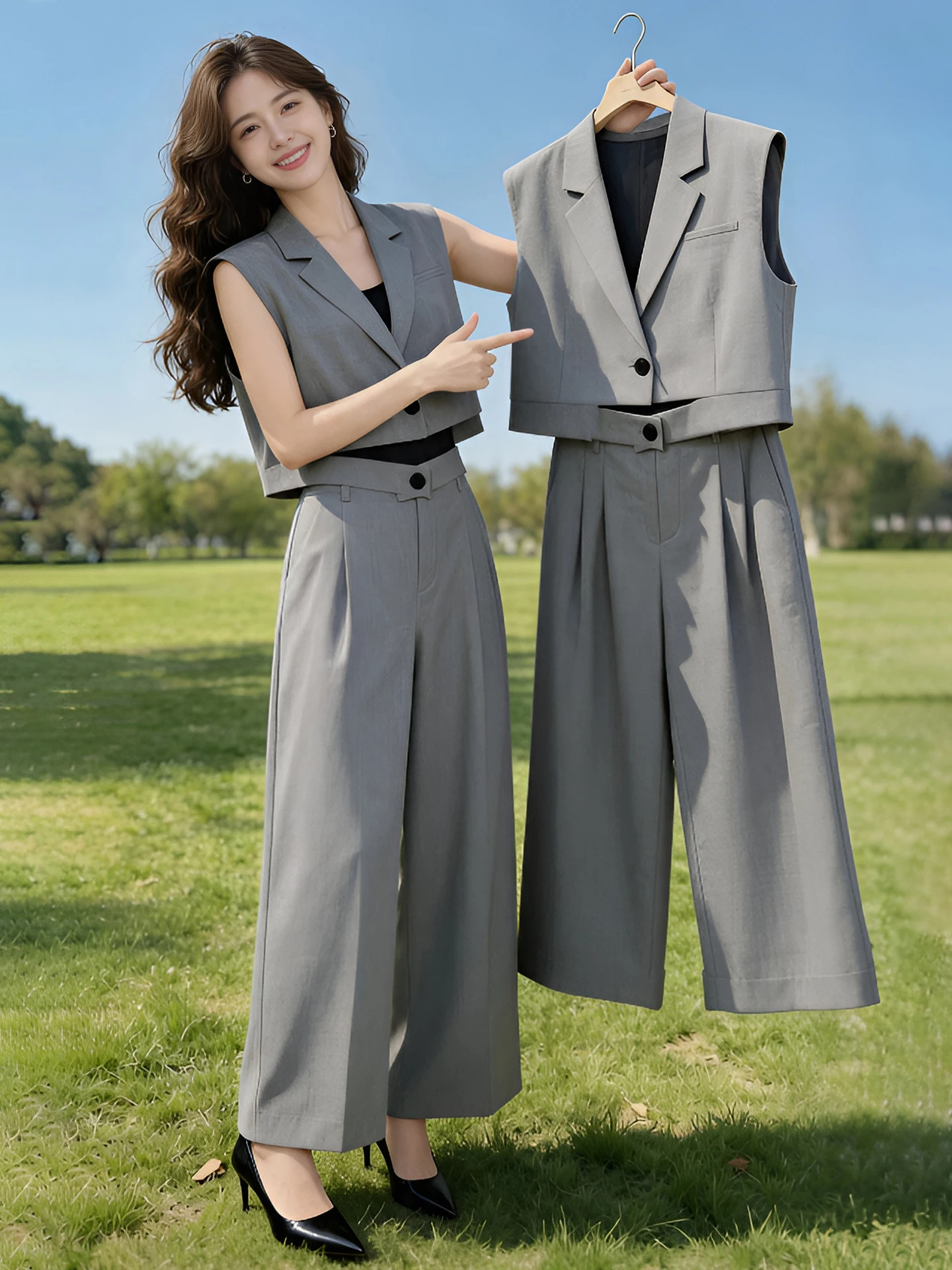 

Casual Short Sleeveless Women's Suit Vest Set Summer 2026 New Style High Waist Wide Leg Pants Two Piece Set Fashionable Ensemble
