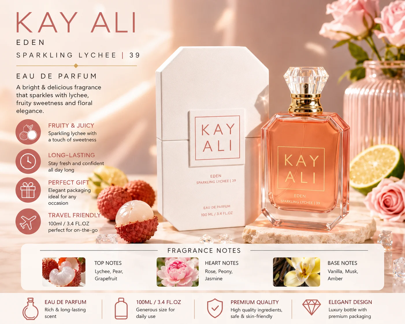 

KAYALI Eden Sparkling Lychee 39 Eau De Parfum 100ml Long Lasting Fragrance For Women Sweet Fruity Floral Scent Perfume Spray Gift