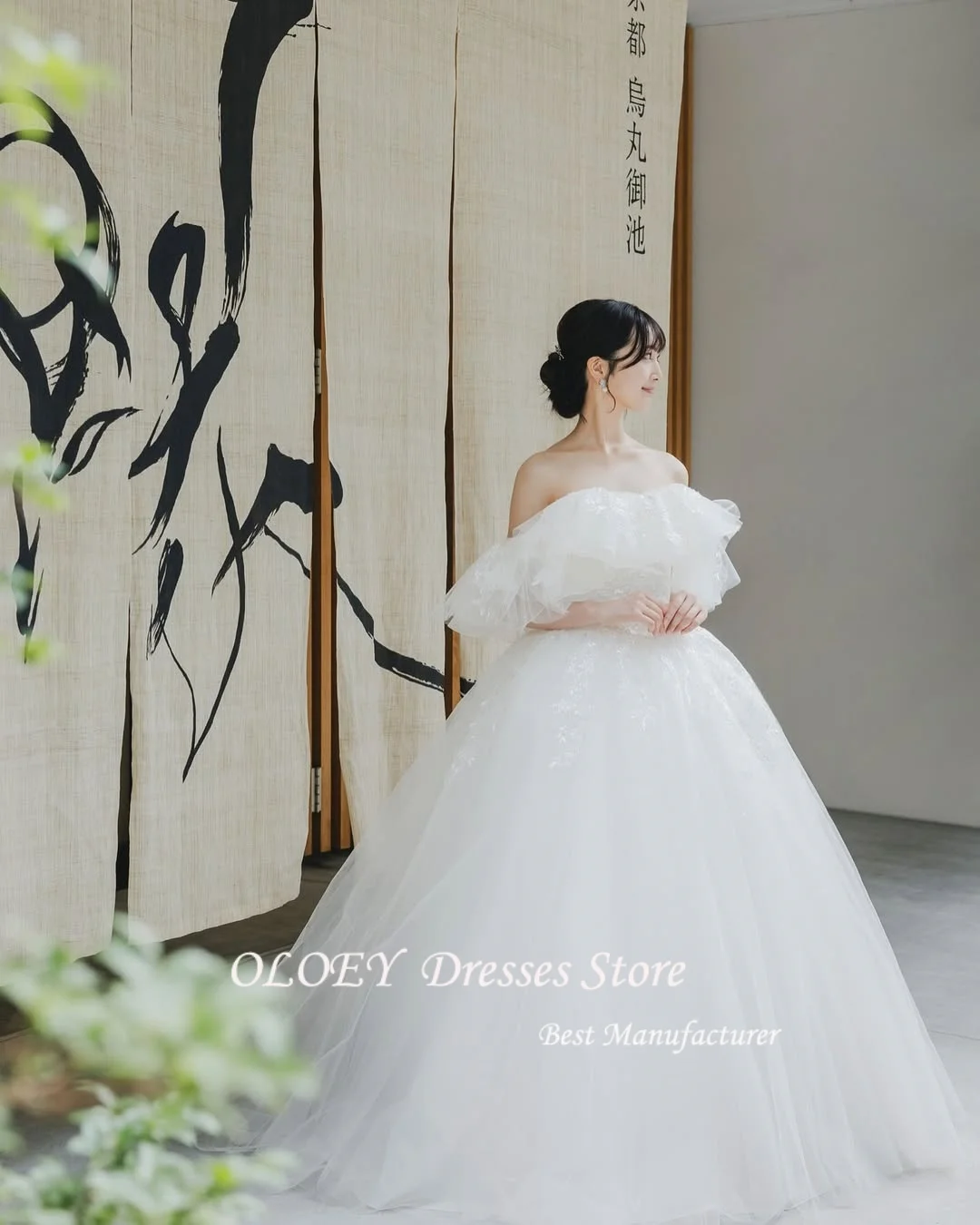 OLOEY Off-shoulder gouden draad Koreaanse trouwjurken Zachte tule Fotoshoot Elegante bruidsjurken  ien Sierra Sierra Corset Back Custo