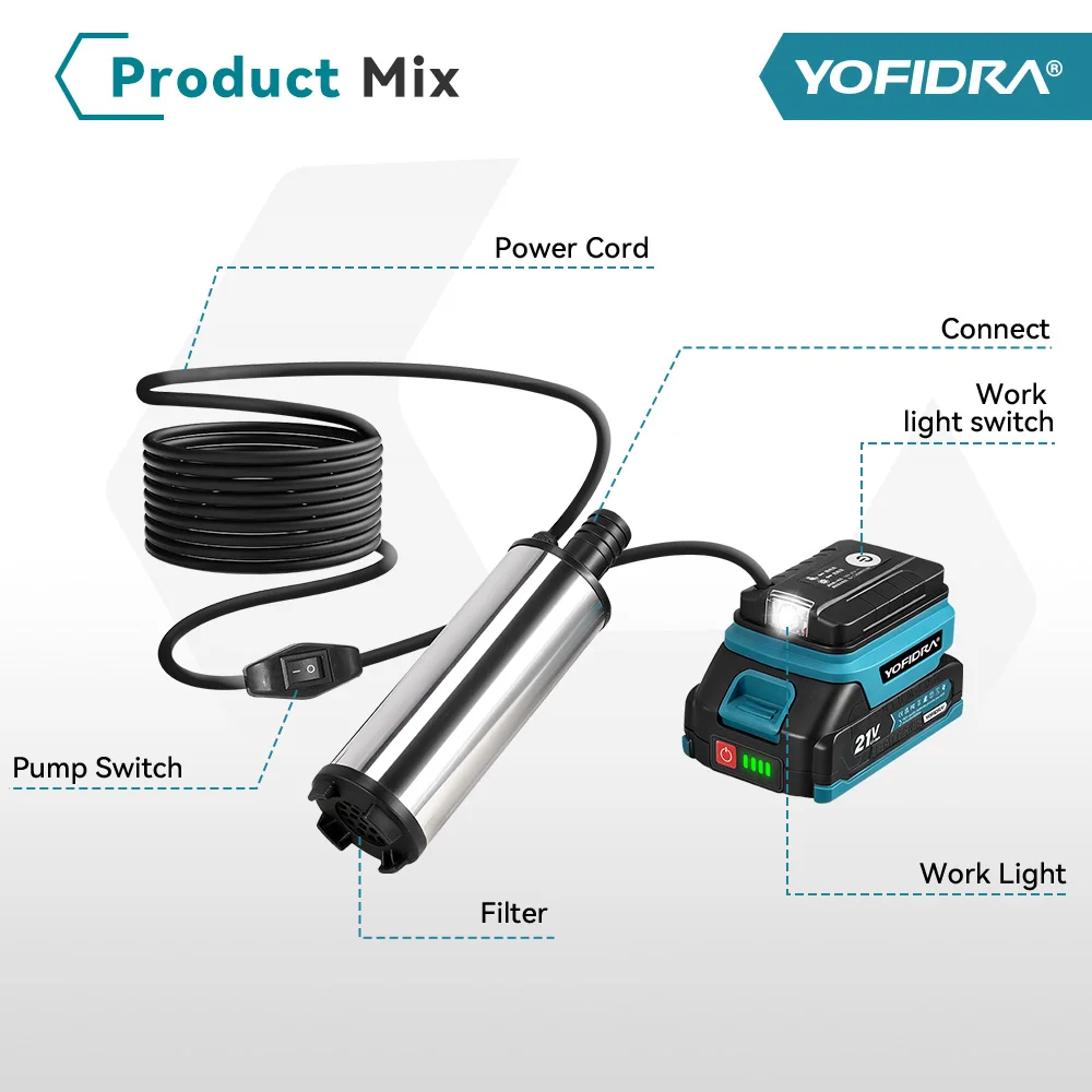 YOFIDRA 50–80 l/min elektrische Wasserpumpe, kabellose Tauch-Entwässerungspumpe, Abwasser-Behandlungswerkzeug für Makita 18 V Batterie-Pin – Detail 4