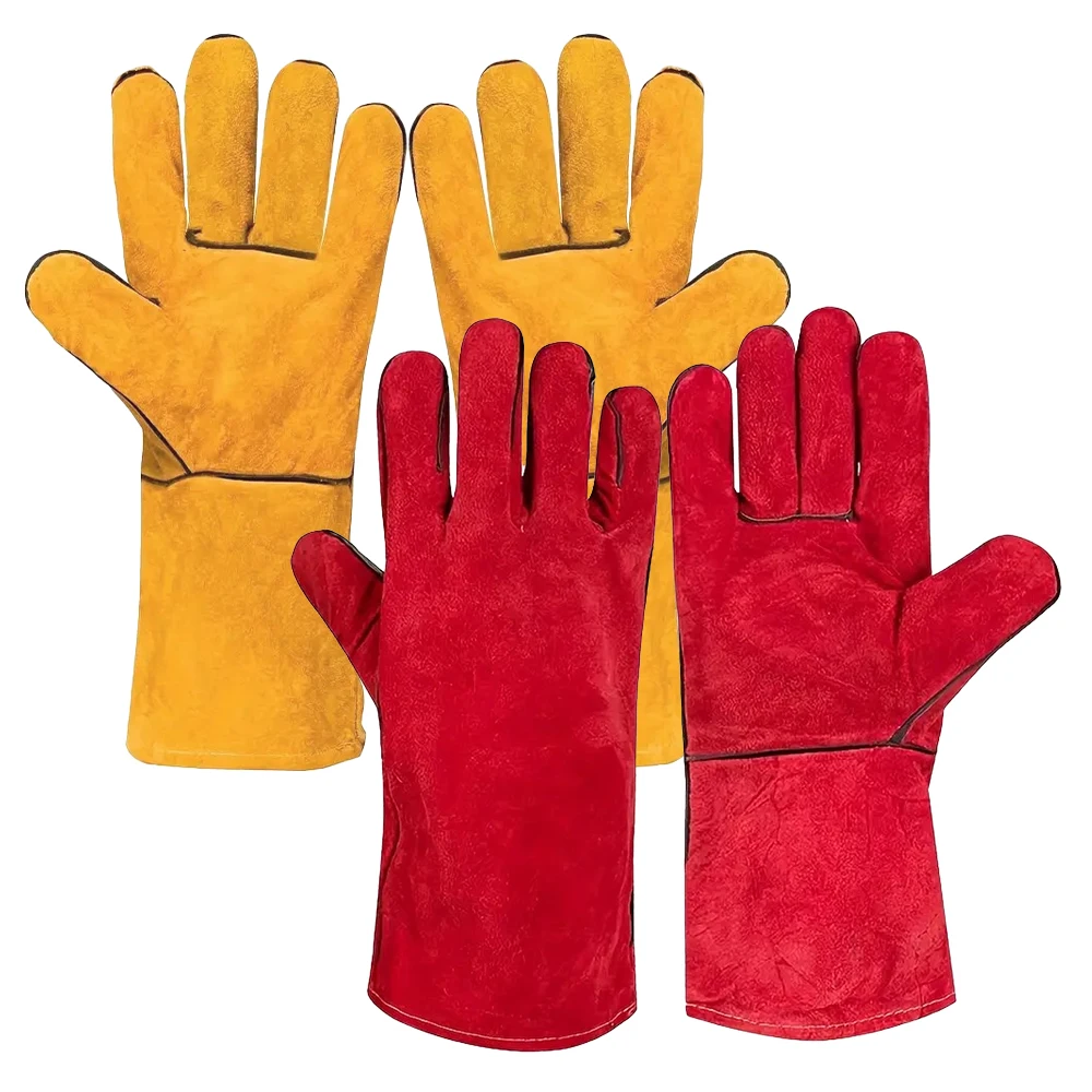 Yellow/Red Welding Gloves Leather Work Fire/Heat Resistant Welding Gloves Wood Log Burner Safety Gloves For Forge BBQ Grill