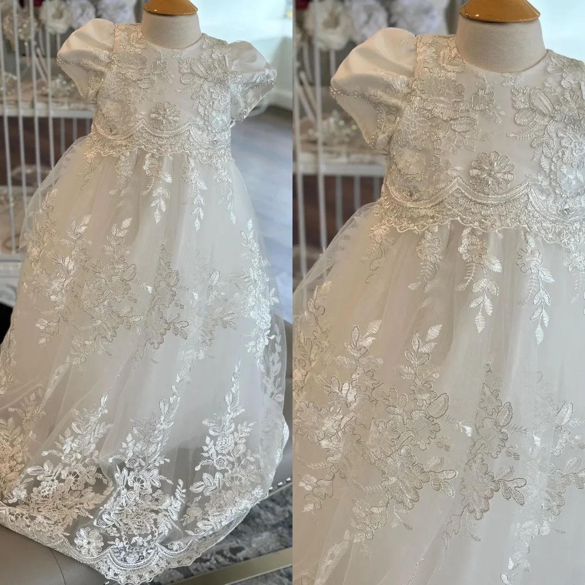 

Белые кружевные детские платья на крестины с аппликацией, длинные платья для крещения для девочек, платья для первого причастия на день рождения для новорожденных