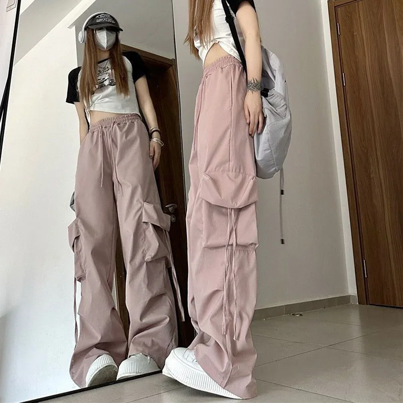 Pantalones Cargo Y2k para mujer, ropa de calle informal holgada de Hip Hop, pantalones americanos de cintura alta con bolsillos grandes y cordones, moda para mujer