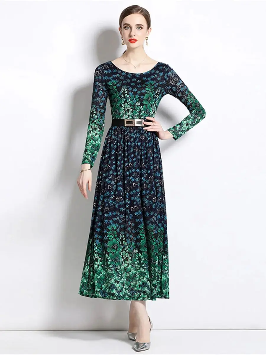 

Spring Autumn Floral Print Lace Long Maxi Dress for Women Vintage O-neck Long Sleeve Belt Slim A-line Party Dress Robes Femme