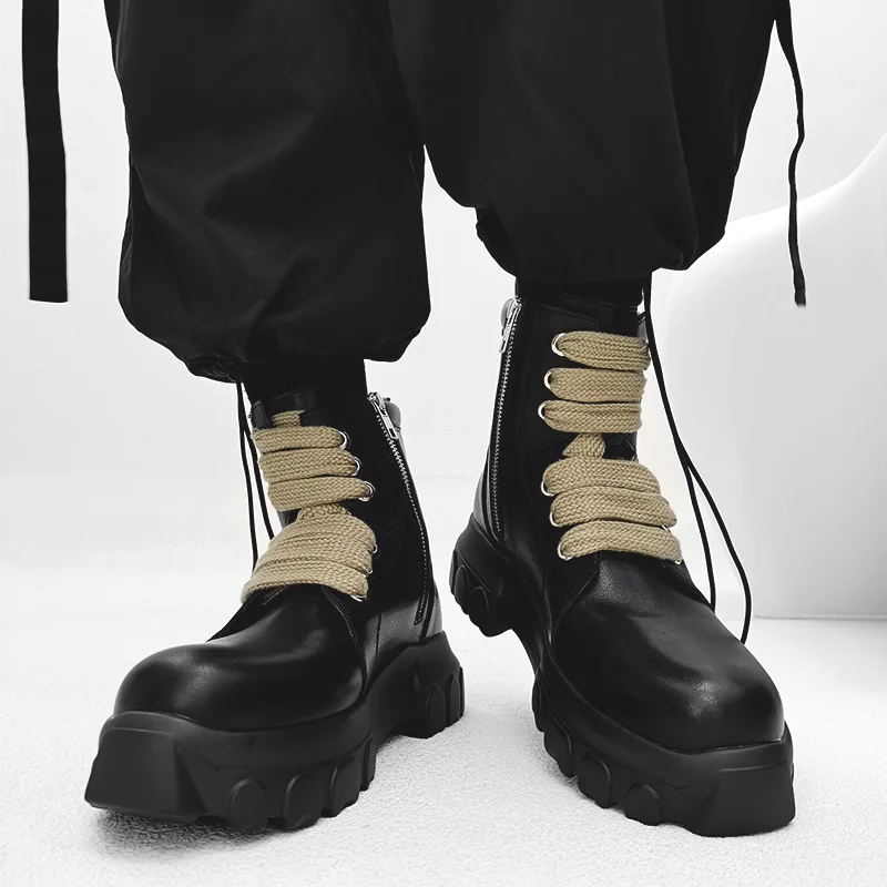 Thick Soled Men Boots Fashion Street Style Lace Up Modern Boots Platform Breathable Male Leather Short Motorcycle Boots Black image 4