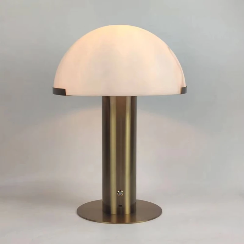 

Wholesale Spanish alabaster mushroom table lamp with metal lampshade, luxury natural stone night light, suitable for living room