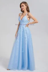 Aoruisen Light Sky Blue Lace A-Line Spaghetti Straps Long Prom Dresses 2024 Backless Evening Dress Graduation School Party Gown