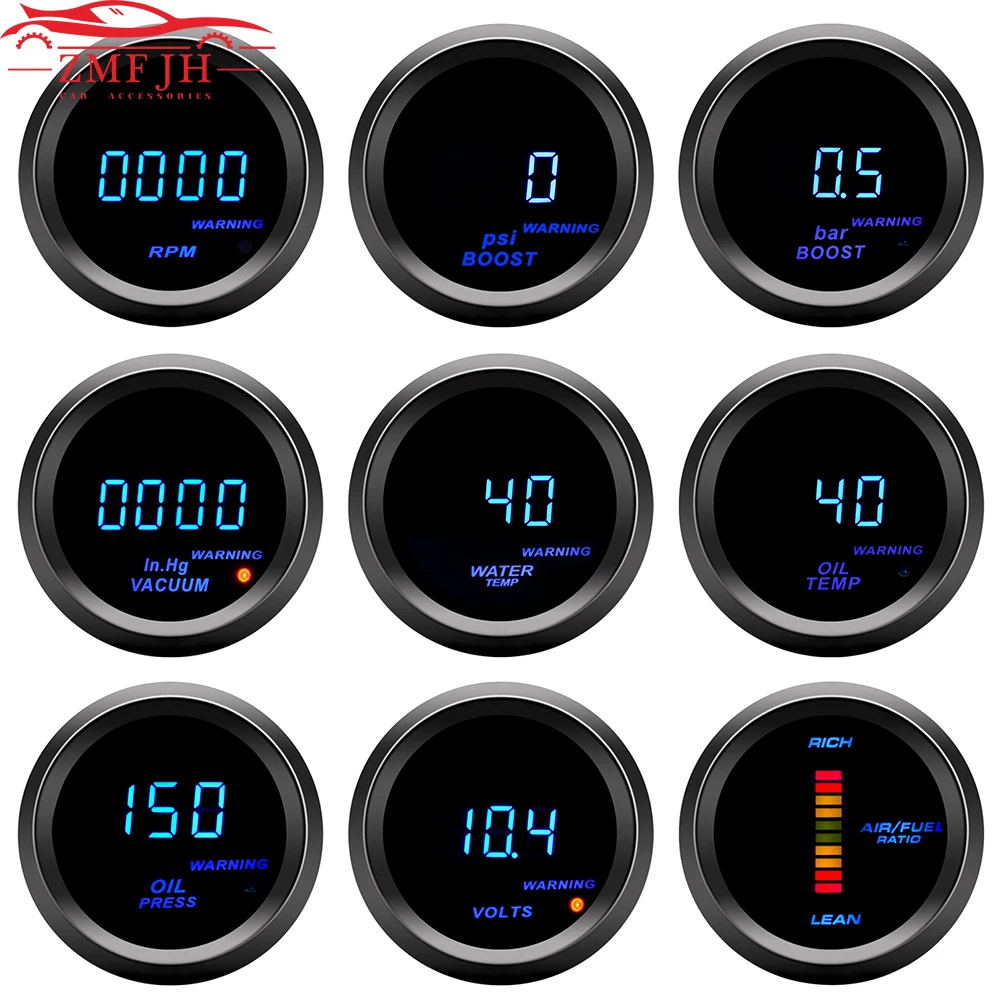 Car Digital Gauge 52mm Turbo Boost PSI BAR Oil Pressure Oil Water Temp Gauge Voltmeter Tachometer RPM Meter With Warning Light