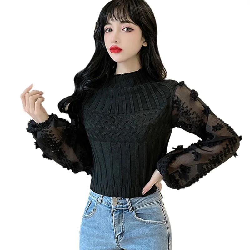 Women\'s Sweater T-shirt Super Fairy Bubble Sleeve Mesh Stitching Crew Neck Tight Slim Short