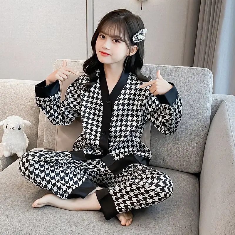 Girls' Gingham Print Pajamas Spring Autumn Long Sleeve Loose Fit Indoor Comfort Air Conditioning Friendly Set