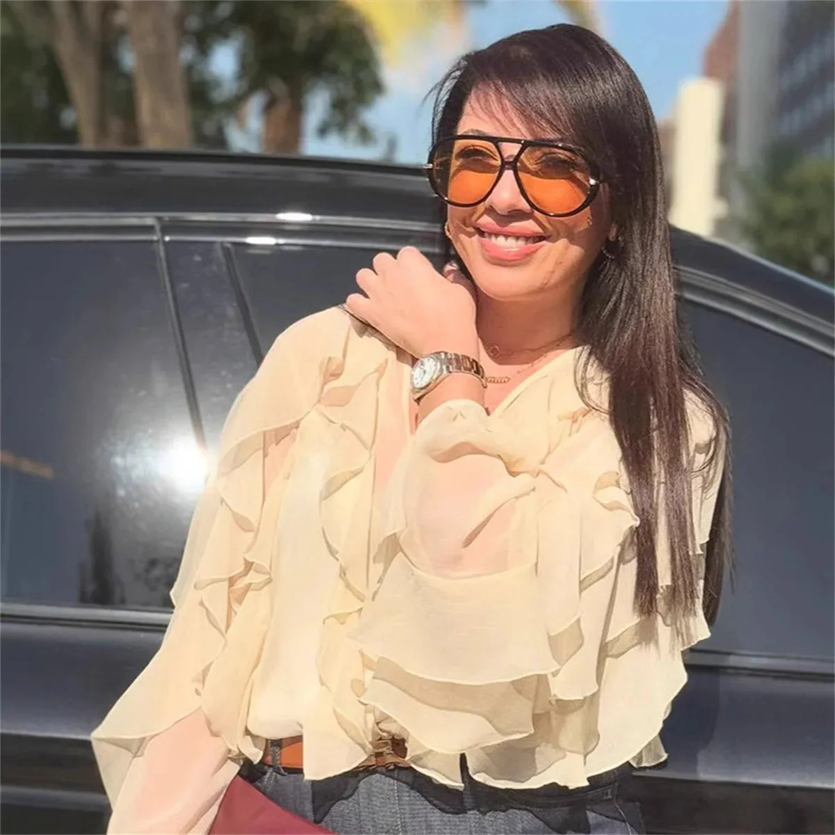 

2025 Summer New Women's Elegant Fashion Simple Joker Casual Laminated V-neck Sexy Chiffon Shirt Ladies