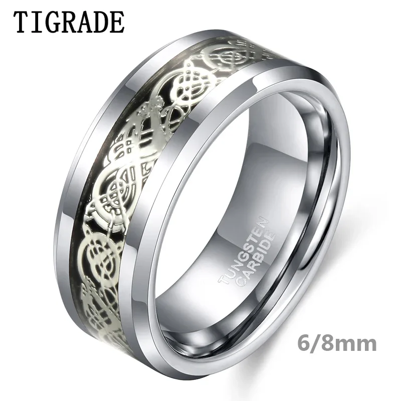 Tigrade 6/8mm mężczyźni w kolorze srebrnym wolfram pierścień karbidowy luksusowy obrączka smok Inlay moda biżuteria Comfort Fit anel masculin