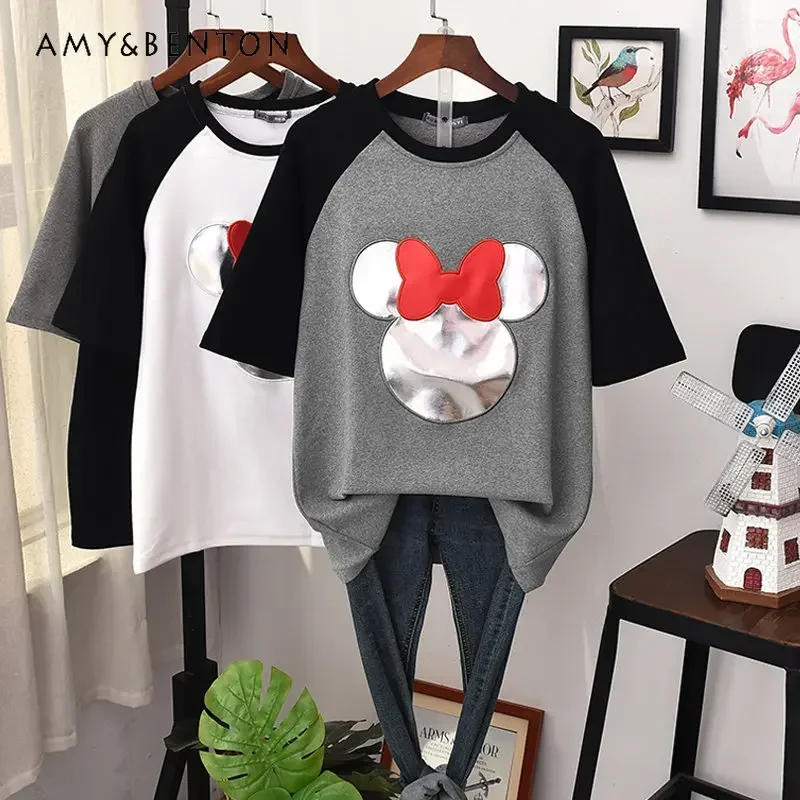 

Potdemiel Autumn Brushed Thickened Short Sleeve Cotton T-shirt Women's Inner Cartoon Slimming O-Neck Half Sleeve Bottoming Shirt