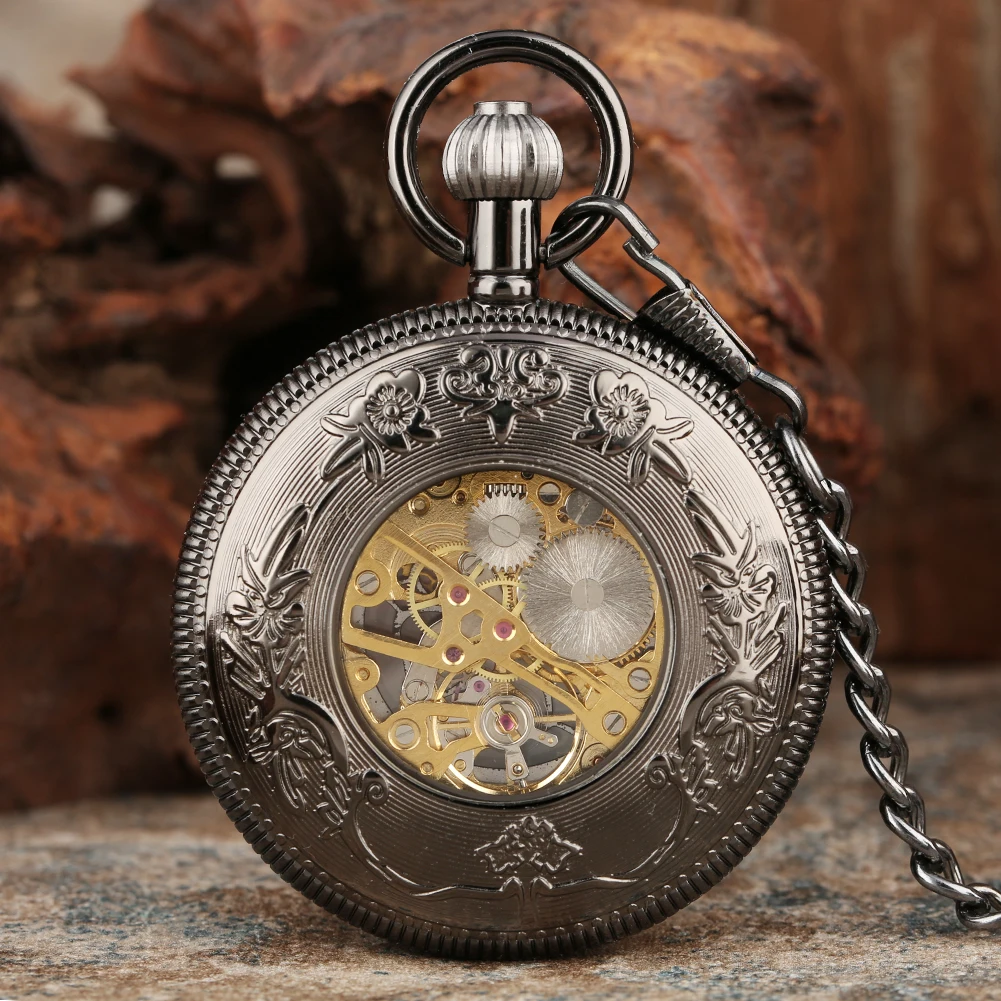 Retro Black Transparent Glass Manual Mechanical Pocket Watch 30 cm Fob Chain Pendant Pocket Clock Roman Numerals Dial Timepiece