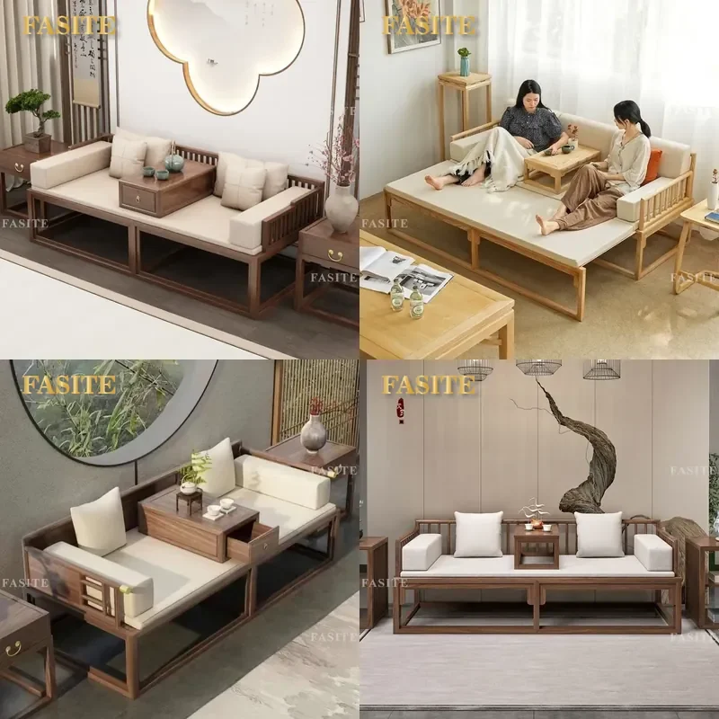 For Living Room New Chinese Style Ash Wood Full Solid Wood Push Pull Bed Simple Zen Chaise Longue for Apartment