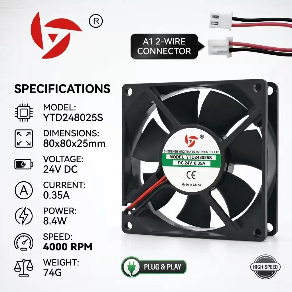 For YTD248025B DC 24V 0.30A 8025 80x80x25mm 2Pin A1 Dual Ball Bearing Server Inverter Chassis Case Cooler Cooling Fan