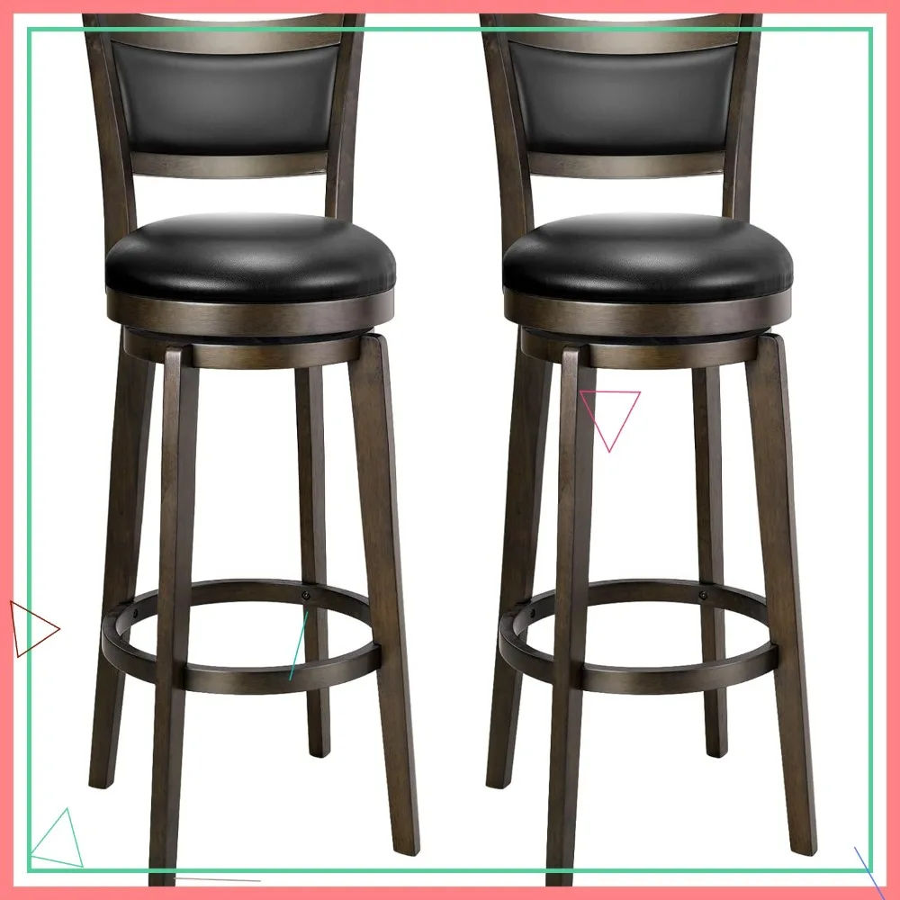

Set of 2 Extra Tall Swivel Bar Stools, 34 Inch Height, Black Faux Leather with Footrest