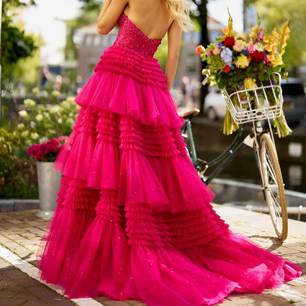 Exquisite and Temperament Tiered Tulle A-Line Sequined Crystal Floor Length V-Neck Sleeveless Evening Dresses Sweep Train Dubai