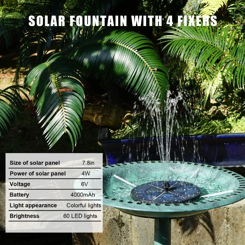 Outdoor Solar Fountain 6V 4W Bird Bath Fountain with 60 LED Lights Built-in 2000mAh Battery Garden Fountain with 8 Nozzles