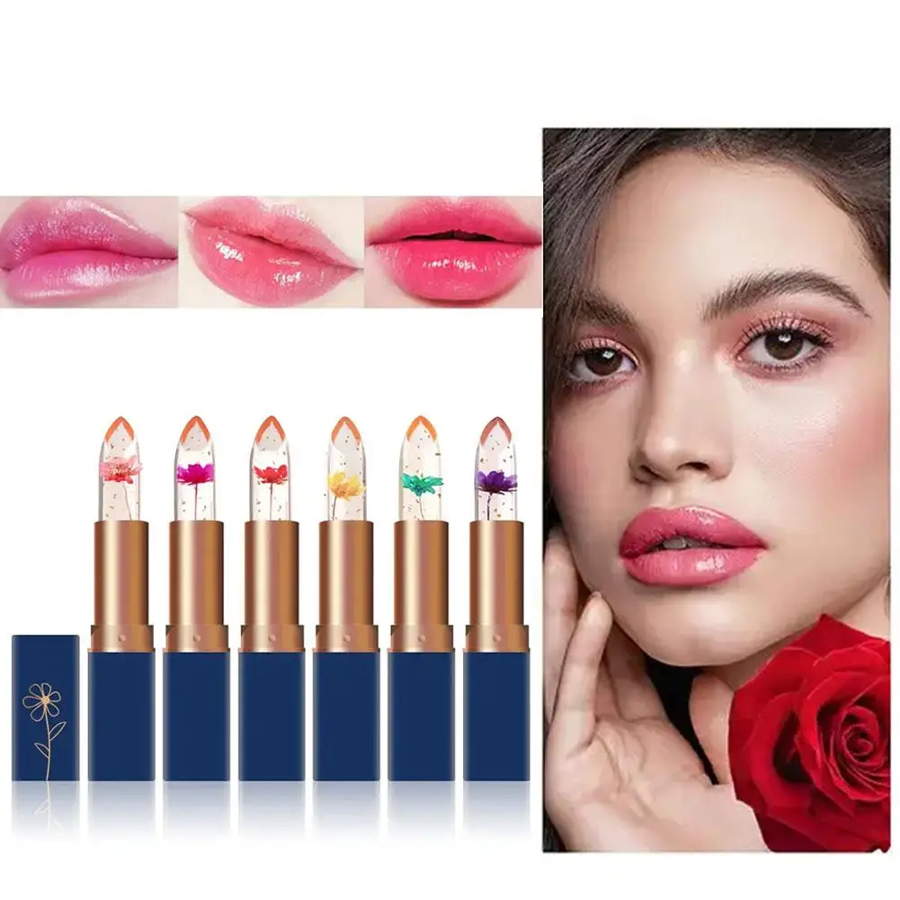 Balsamo per le labbra tubo blu scuro trasparente rossetto fiore essiccato oro Lip Jelly colore foglia cura che cambia idratante I7s1