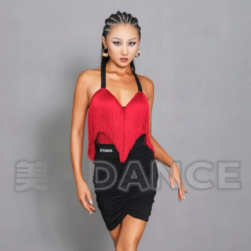 Customized Latin Dance Skirt Women's Adult Practice Dress Performance Dress Strap Tassel Top Folded Hip Wrapping Half Skirt Set