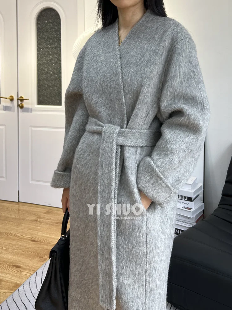 High-end grigio chiaro allungato X-lungo bifacciale in lana e Cashmere cappotto alto donna accappatoio senza colletto allentato Maxi Lace Up