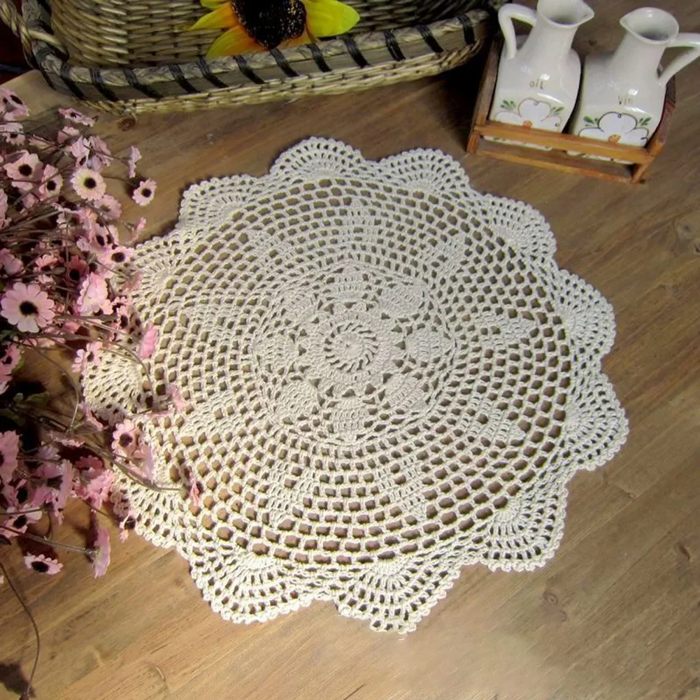 Round Lace Table Cloth Vintage Hollow-out Crochet Doily Mats Tea Table Cloth Cover Mat Placemat Home Table Dining Party Decor