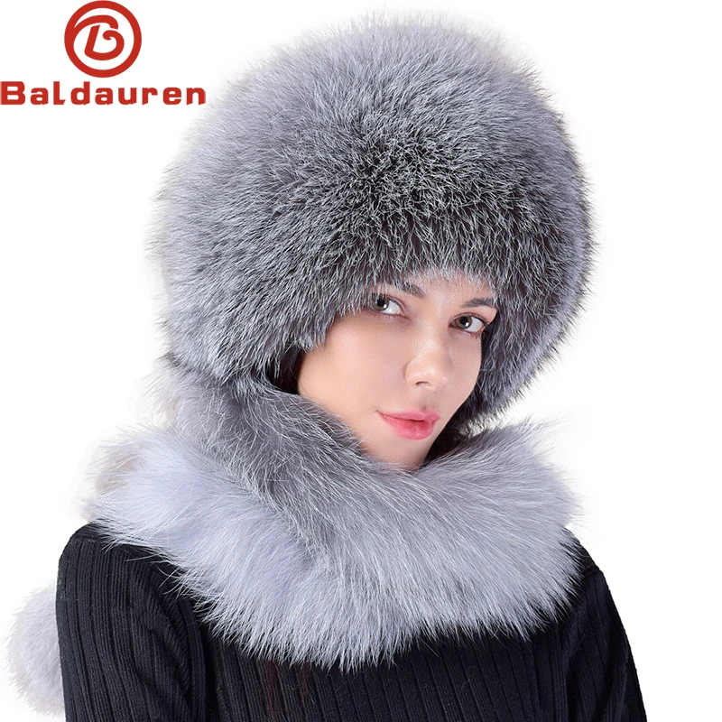 Women\'s Real Fox Fur Hat Scarf Mongolian Bomber Hat Ladies Winter Warm Fox Fur Earflap Caps Russia Winter Real Fur Hat