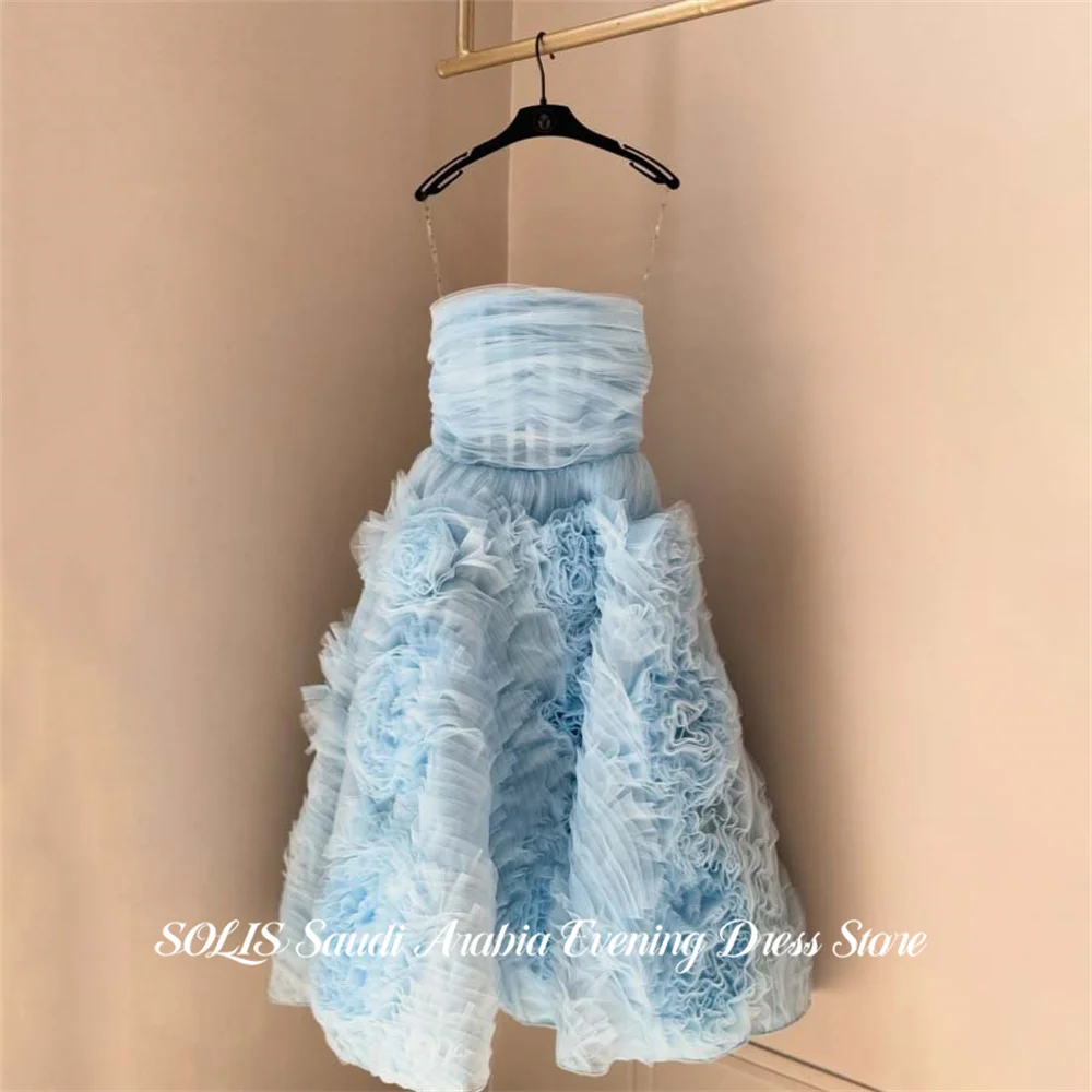 

SOLIS Light Blue Party Dress Strapless A Line Evening Dress Tulle فساتين السهرة with 3D Floral Gala Dress Customized
