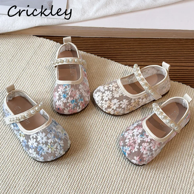 

Flowers Embroidery Girls Ballet Flats Pearl Gradient Mesh Children Flats Shoes Breathable Soft Toddler Kids Princess Shoes
