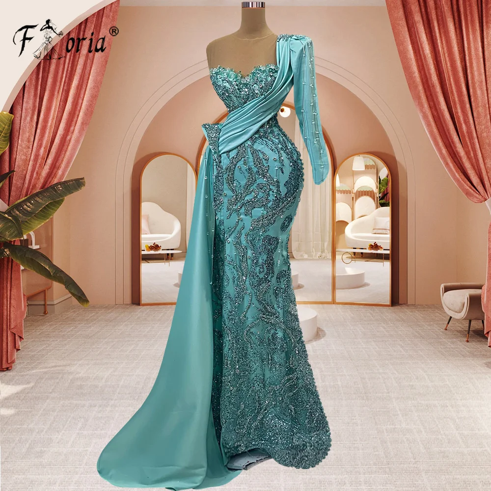 Aso Ebi-vestido de noite sereia verde com um ombro para mulheres, cristal frisado, vestidos formais longos de Dubai, diamantes strass