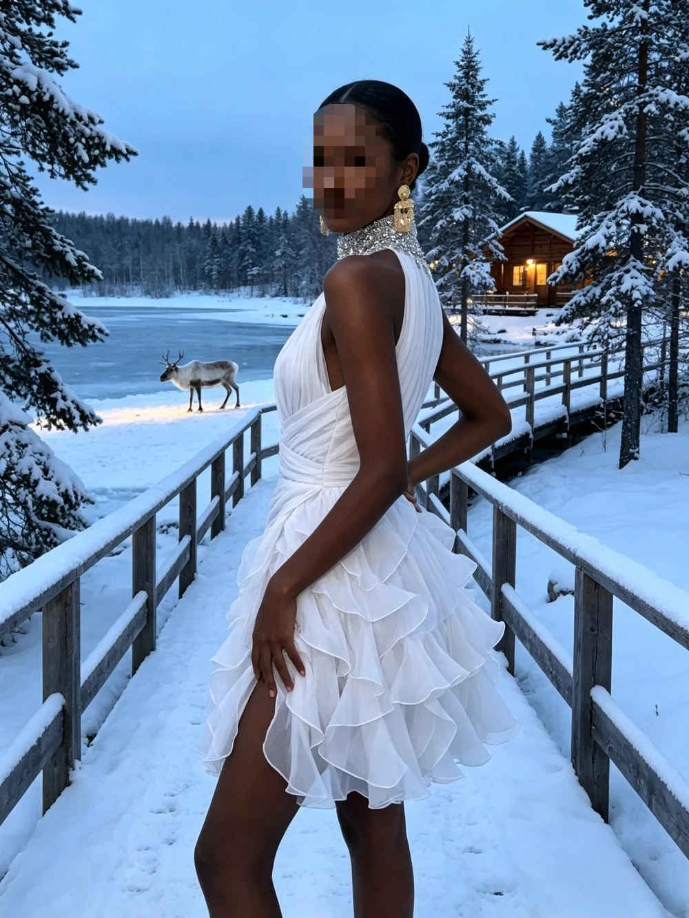 Customized Neck Hanging Bead Chiffon Pleated Mini Wedding Dress Suspender High Waisted Short Evening Gown Suitable for Parties