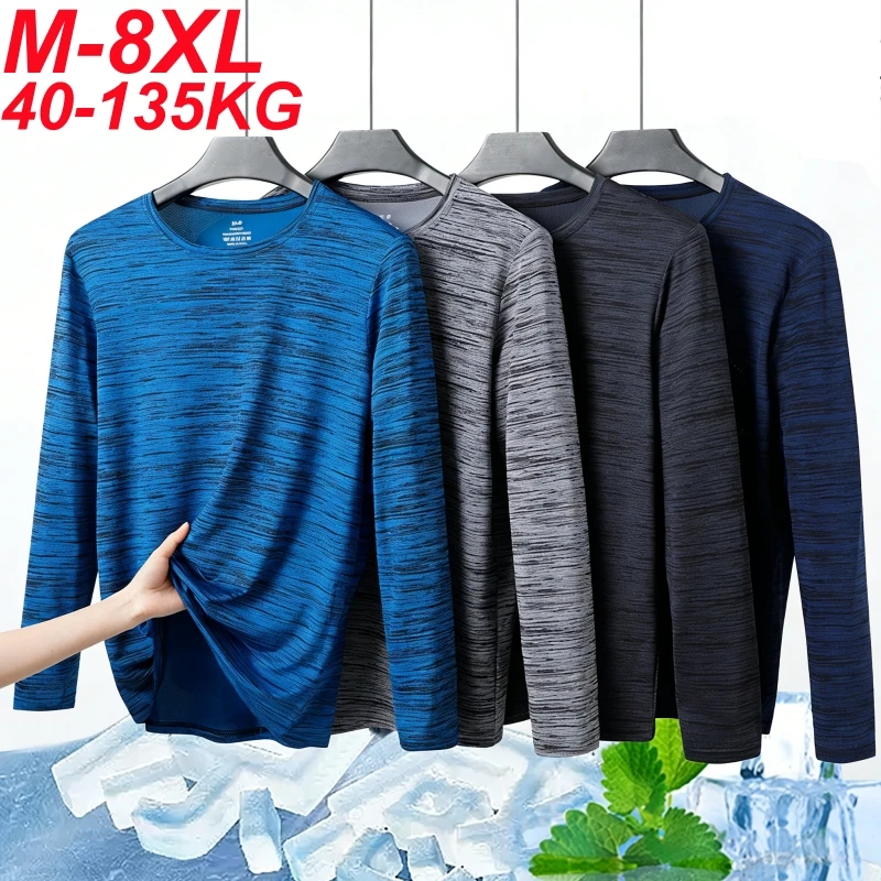 T-shirt d'été pour homme à manches longues, séchage rapide, en soie glacée, haute élasticité, grande