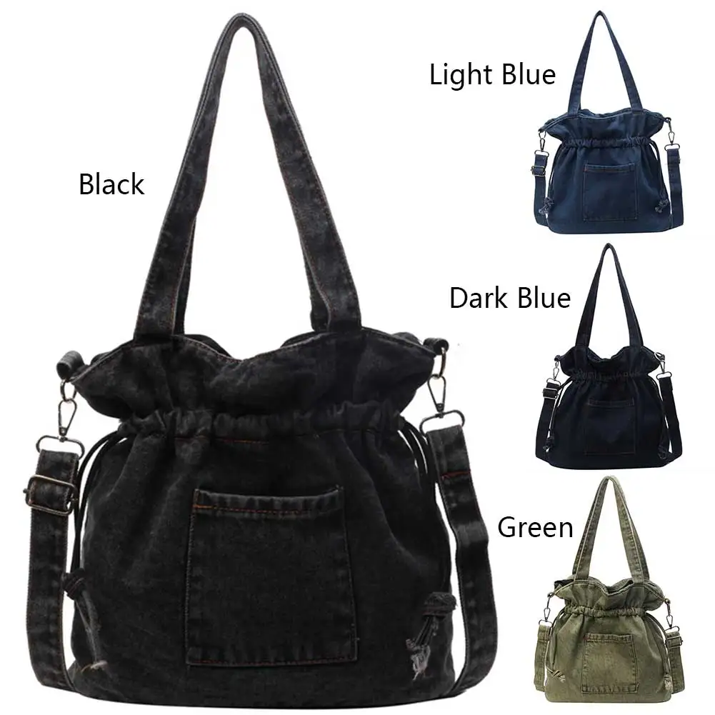 Denim Shoulder Bag Canvas Drawstring Trendy Crossbody Bag Retro Fashion Handbag Aesthetic Underarm Bag for Women and Girls