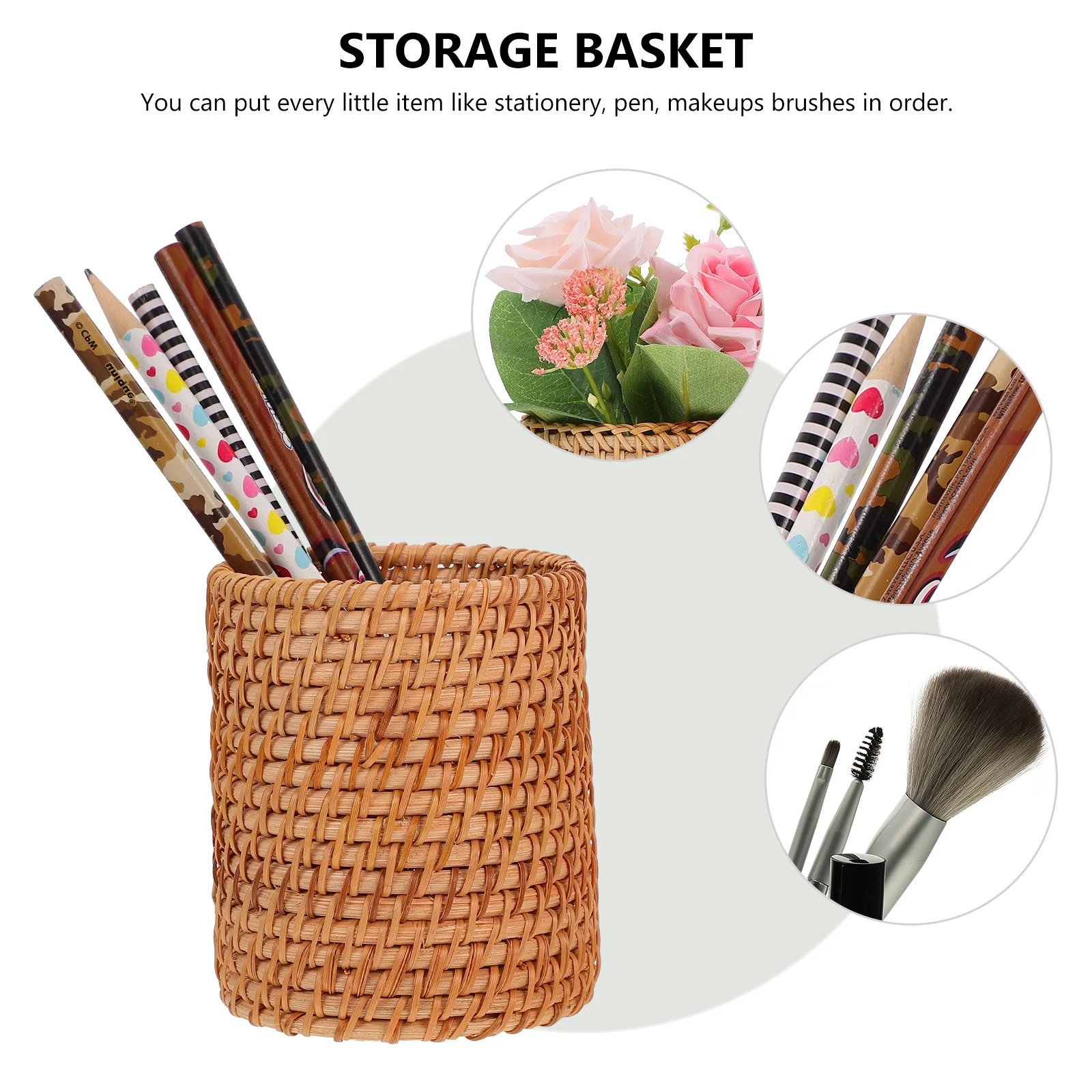 

1pc Woven Pen Holder Rattan Storage Basket Desktop Organizer Wood Container Stationery Holder Home Decorative Container