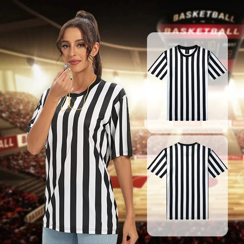 Summer printed short-sleeved T-shirt football referee clothing casual loose sports stripes large size