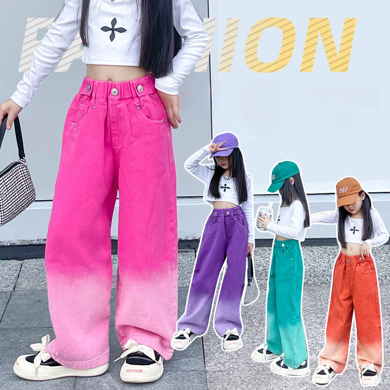 

Girls' Pants Spring and Autumn Jeans Medium and Large Children Gradient Color Wide Leg Trousers
