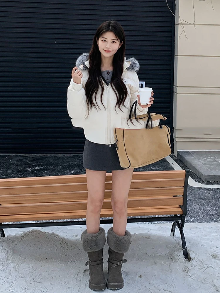 Winter Hooded Natural Large Fur Collar Down Jacket Women White Duck Down Warm Parker Outwears Female Thicken Short Down Jacket