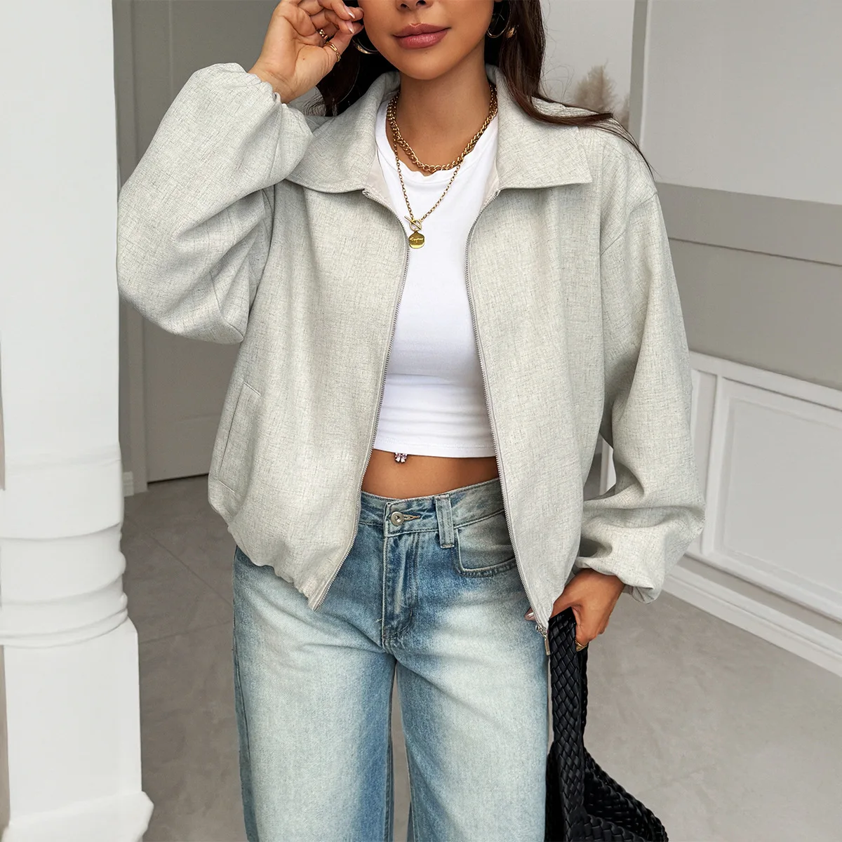 

Элегантная модная стильная легкая однотонная куртка с длинными рукавами на молнии, осень-зима 202, повседневная свободная куртка с лацканами, женская одежда