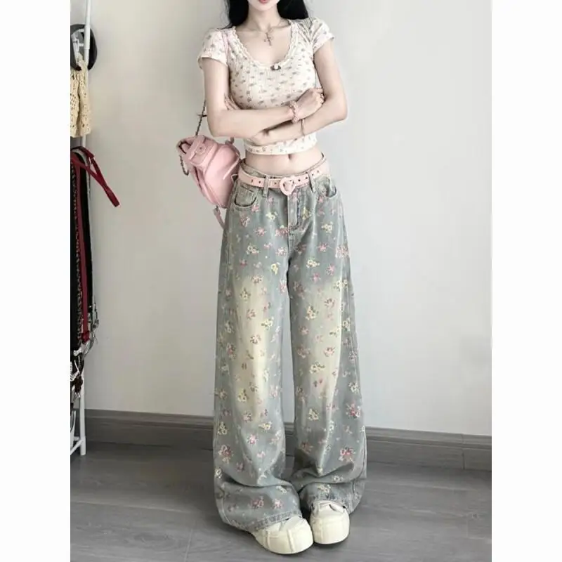 

Женские брюки в американском стиле с цветочным принтом в стиле ретро, дышащие, с высокой талией, утягивающие широкие брюки, новая модель, свободные прямые брюки с драпировкой