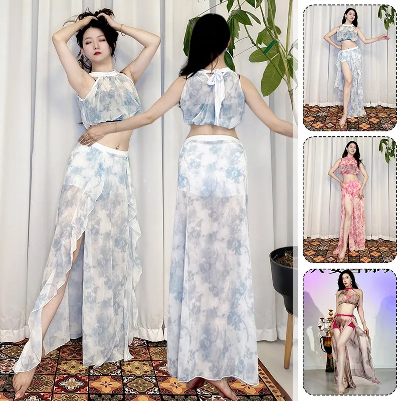 

Костюм для танца живота с принтом, сетчатый топ, костюм, платье, комплект одежды для танцевальной практики, наряд с короткими рукавами, юбка с разрезом, принадлежности для одежды