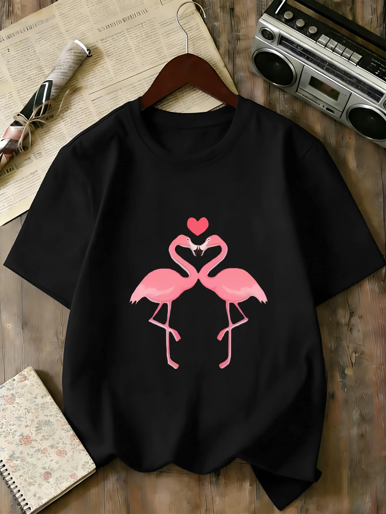 Camisetas a juego para niños y familiares, dos flamencos rosados con estampado de corazón, camisetas de algodón de manga corta para niños y niñas, atuendo casual diario.