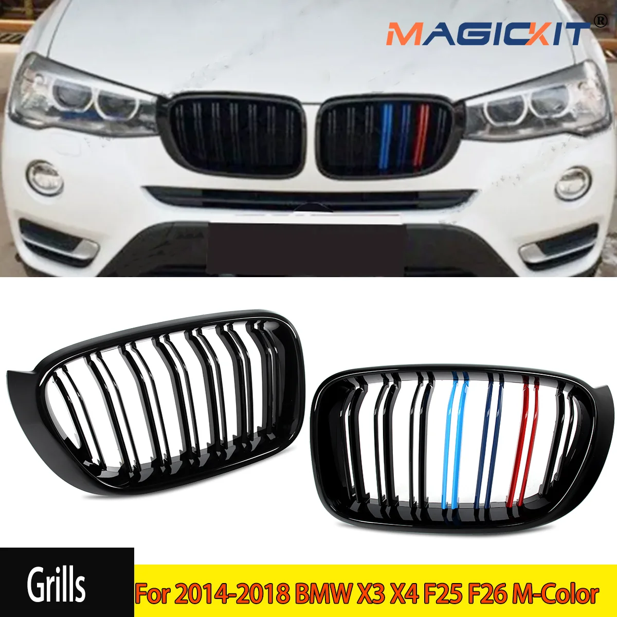 

MAGICKIT For 2014-2018 BMW X3 X4 F25 F26 M-Color Front Bumper Kidney Grille Gloss Black