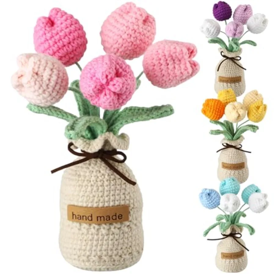 

4 набора вязаных крючком букетов тюльпанов с вазой, 7 дюймов, искусственные вязаные тюльпаны, цветы ручной работы для женщин, подарки на день рождения, для семьи