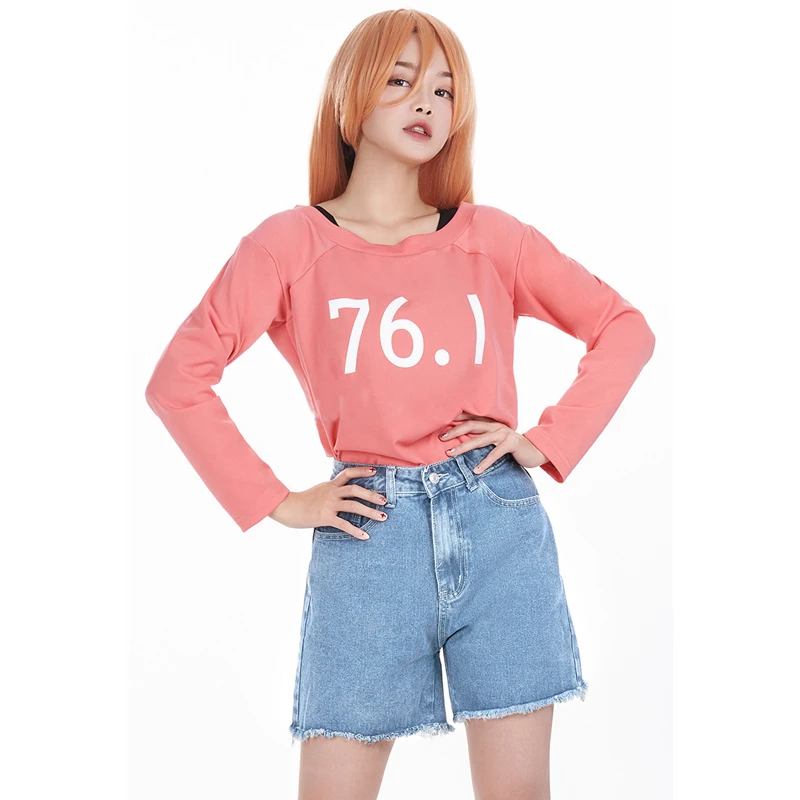 Chainsaw man Cute Power Cosplay Sweet Pink T-shirt denim shorts Female cos Anime Daily Costume