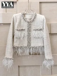 Elegant Women Feather Spliced Diamonds Beading Tweed Jacket Banquet Party Pearls Crystal Coat Office Ladies O Neck Twill Jacket