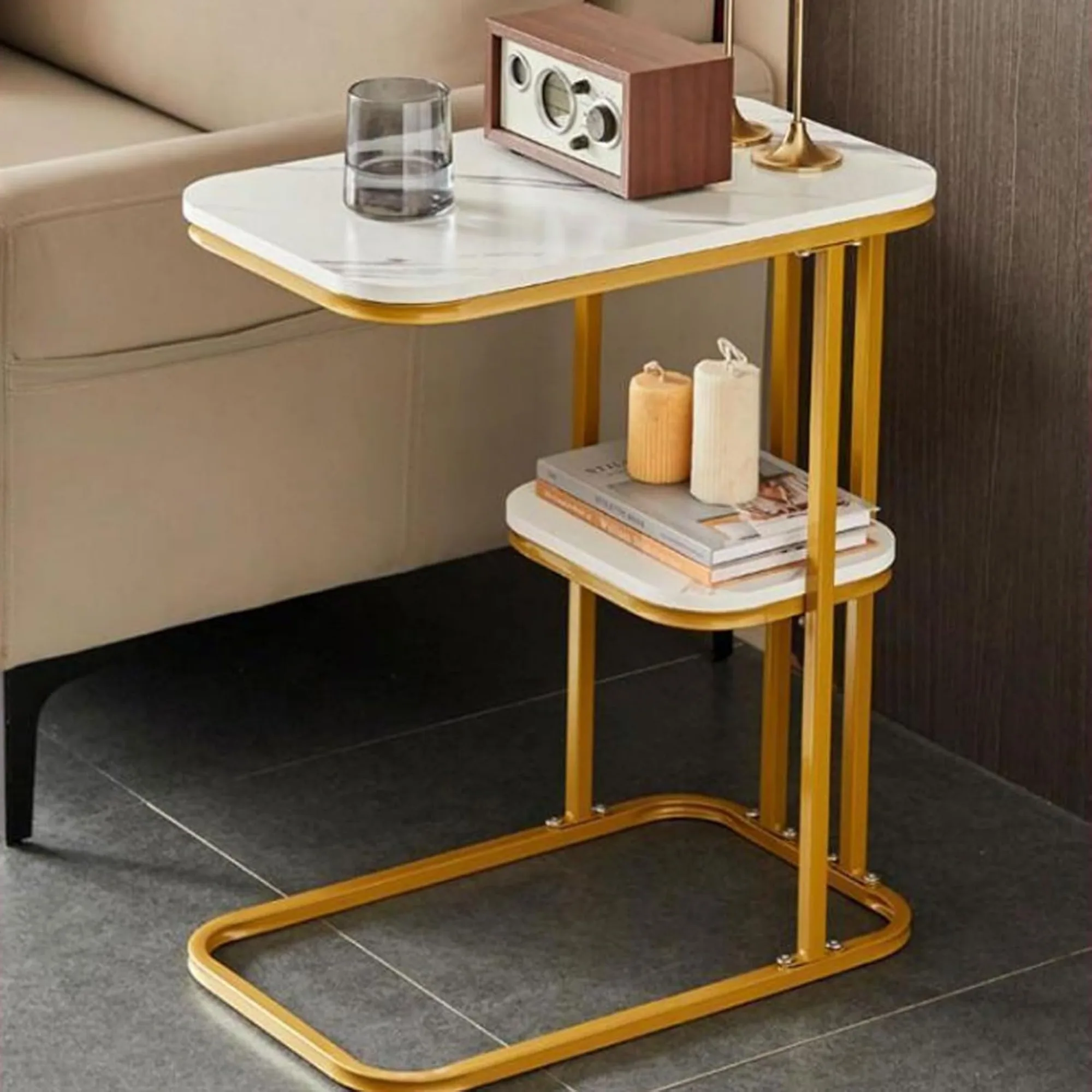 

US Stock C-Shaped End Table End Table for Couch for Couch C Shaped Side Tables with Storage Shelf for Living Room Bedroom