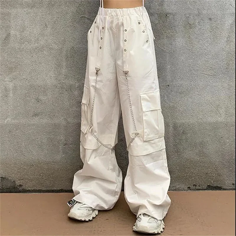 

Spring Women Pants Harajuku Oversize High Street Style White Cargo Pants Fashion Pants for Women with Chain Causal Female Pants