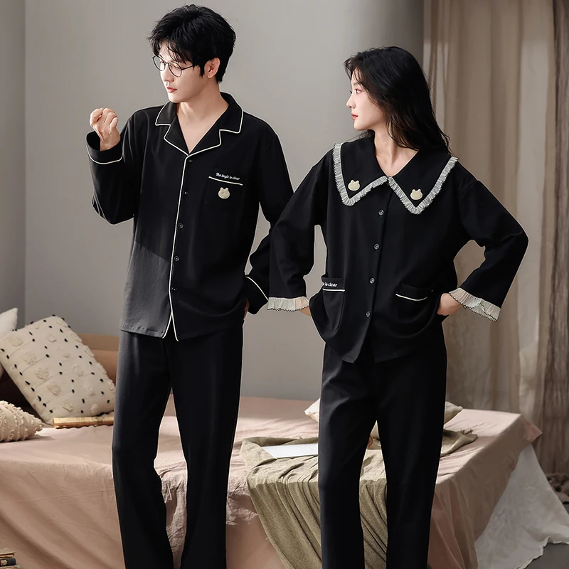 

Couple Pajama Set Long Sleeve 100% Cotton Leisure Spring and Autumn Men and Women Turn-down Collar Pijamas