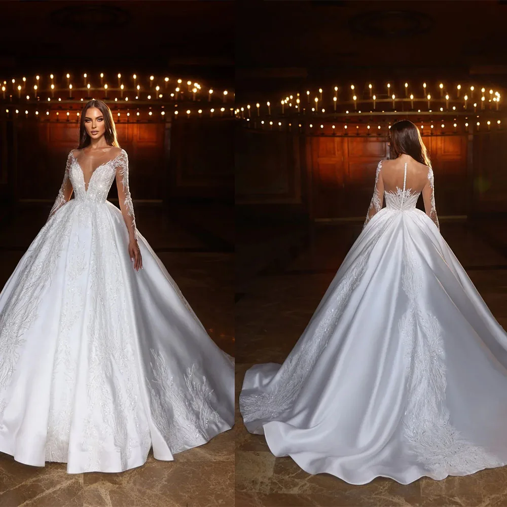 

Fashion Wedding Dresses Appliques Sequins Bridal Ball Gowns Long Sleeves O Neck Customized Bride Vestidos De Novia